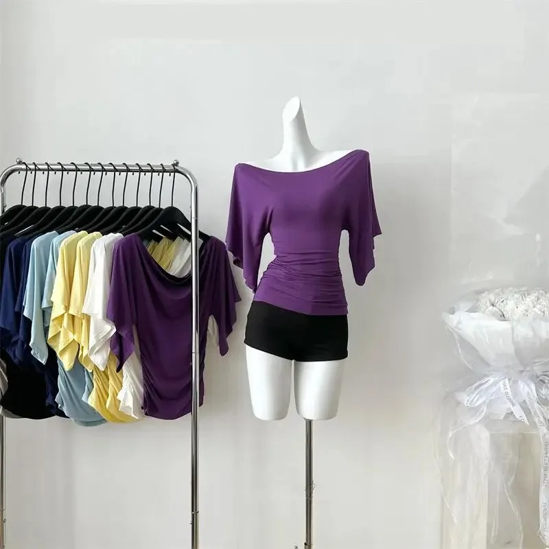 Women's Summer High Stretch Slash Neck Flare Sleeve Slim T Shirt Lady  Pleated Slim Solid Color Pullover Tee Top