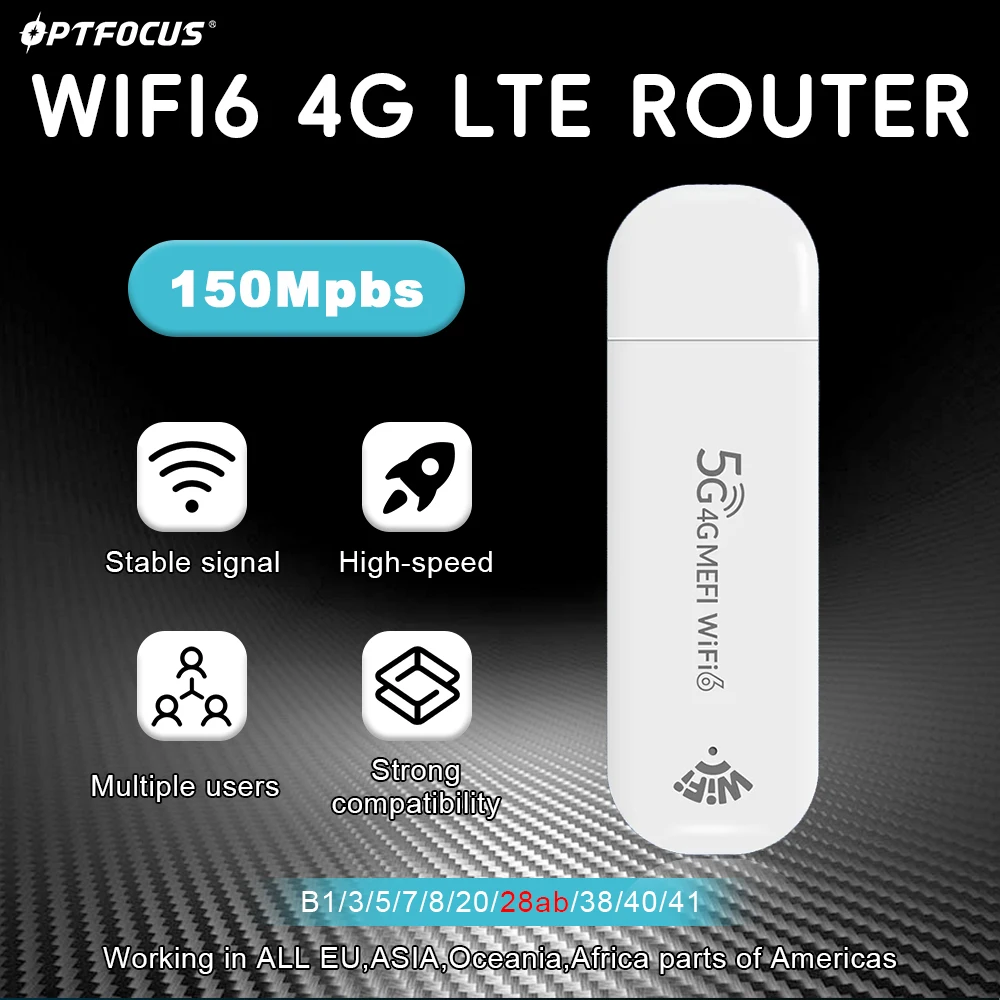 

OPTFOCUS 4G LTE USB Router WiFi6 Mobile Broadband Dongle Modem Stick Portable Wifi Hotspot 150Mbps Wireless WiFi Sim Card Router