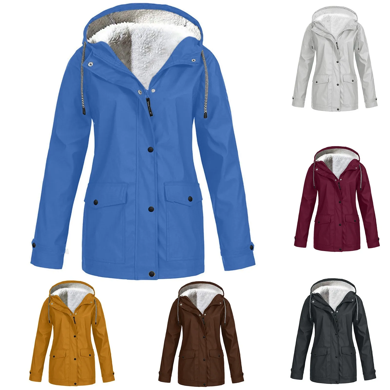 

Women Casual Solid Plush Jacket Outdoor Drawstring Autumn Winter Women Plush Jacket Hooded Jacket Outdoor Jacket Assault Jacket