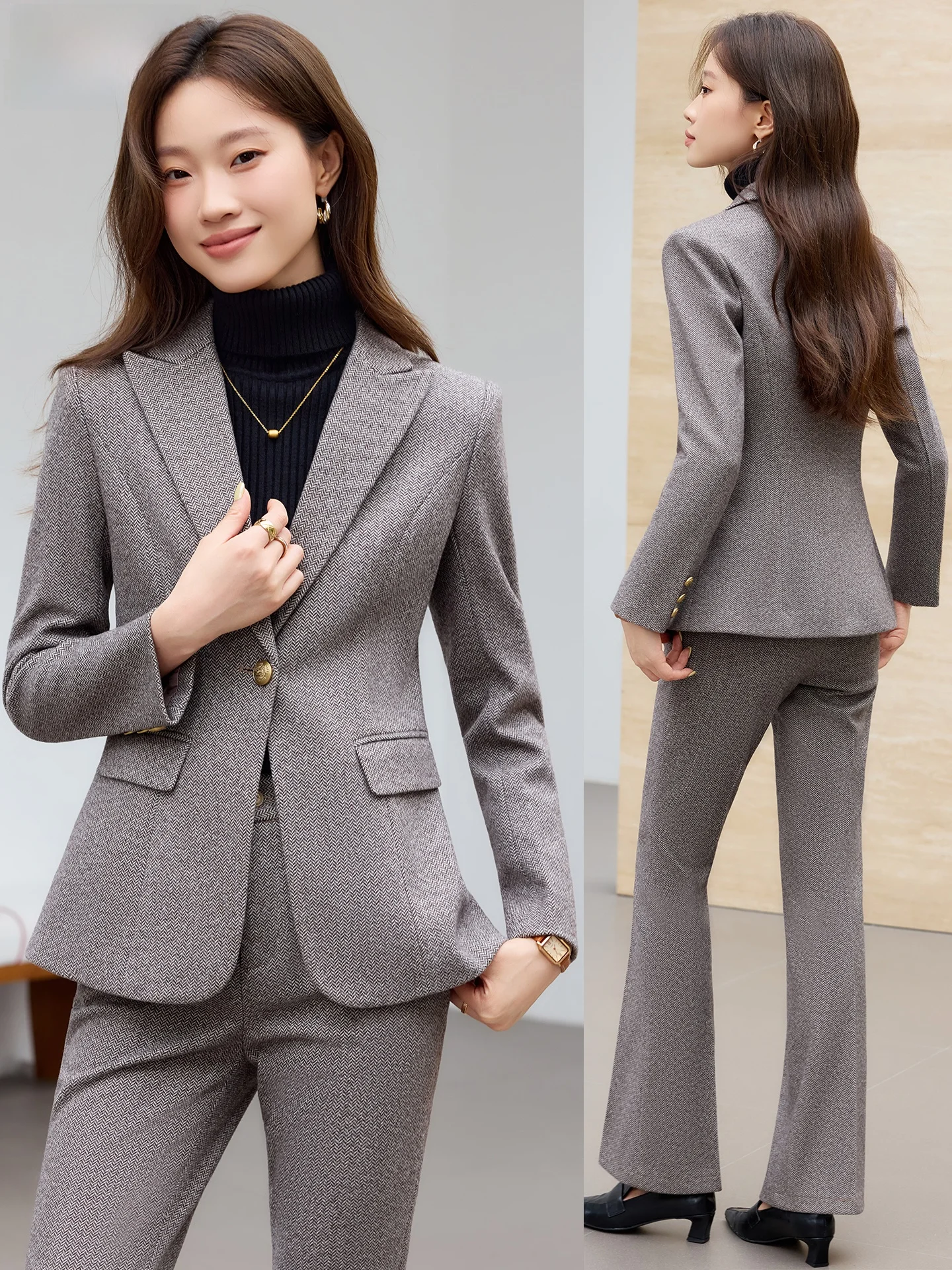 

Женский утепленный шерстяной пиджак: осенне-зимний новый стиль, элегантный деловой костюм, комплект малого размера, профессиональный вид