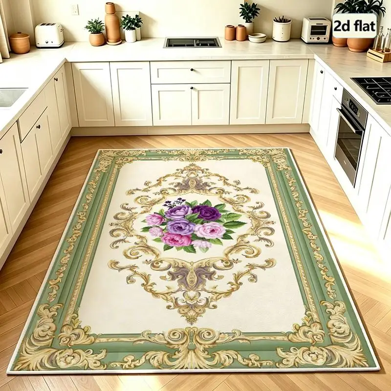 Green Gold Frame Purple Rose Carpet Flooring Square Vintage Floral Area Rug Living Room Decor