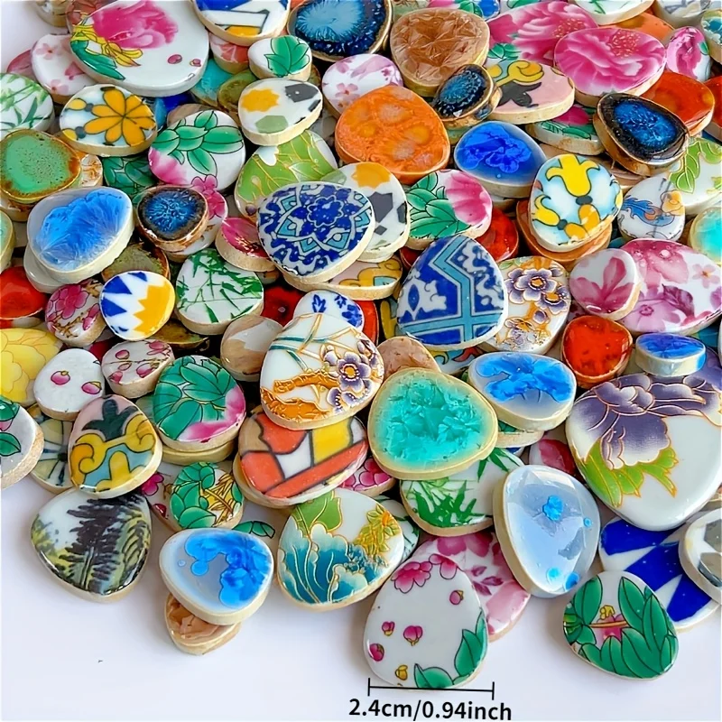 100/200g Oval Mosaic Material, Mixed Shapes and Patterns, Colorful Printed Pebble-Shaped Mosaic Pieces, Suitable for Handmade Artwork, Wall and Step Decoration, DIY Jewelry Materials