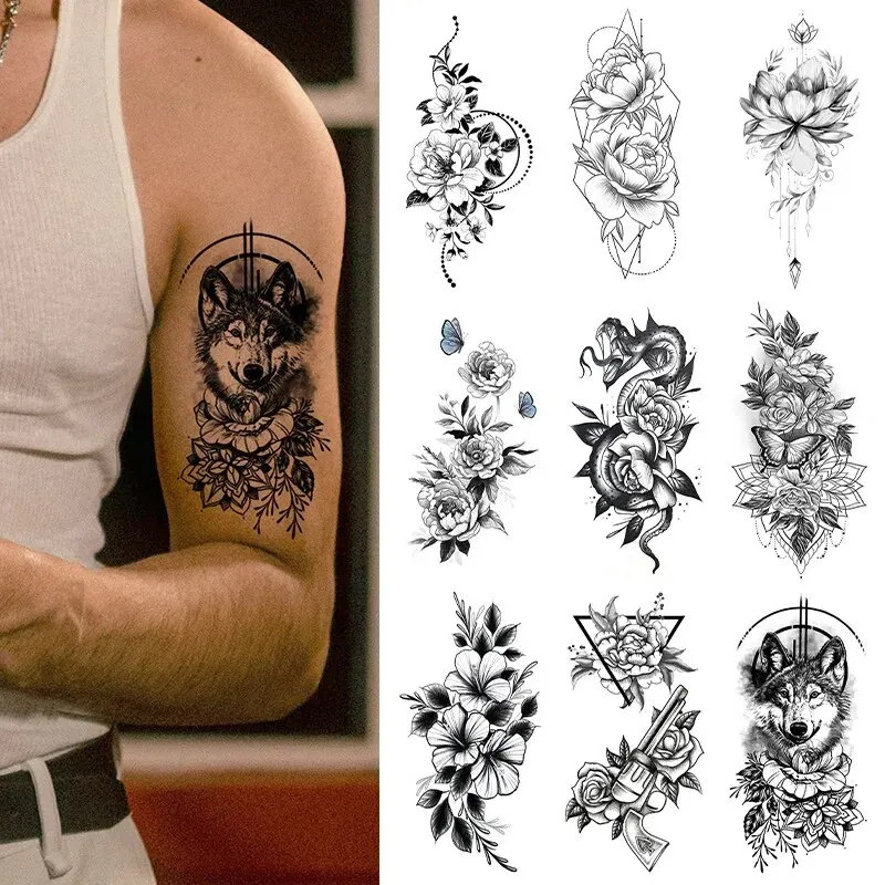 15pcs Suhua Tattoo Sticker Realistic Waterproof Sketch Flower Tattoo Sticker Paper Rose Flower Snake Flower Black and White