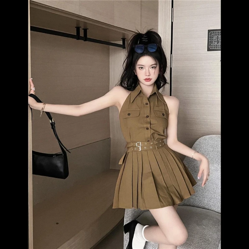 

Модный костюм с воротником-поло без рукавов, жилет на подтяжках, топ, женская плиссированная юбка, комплект из двух предметов