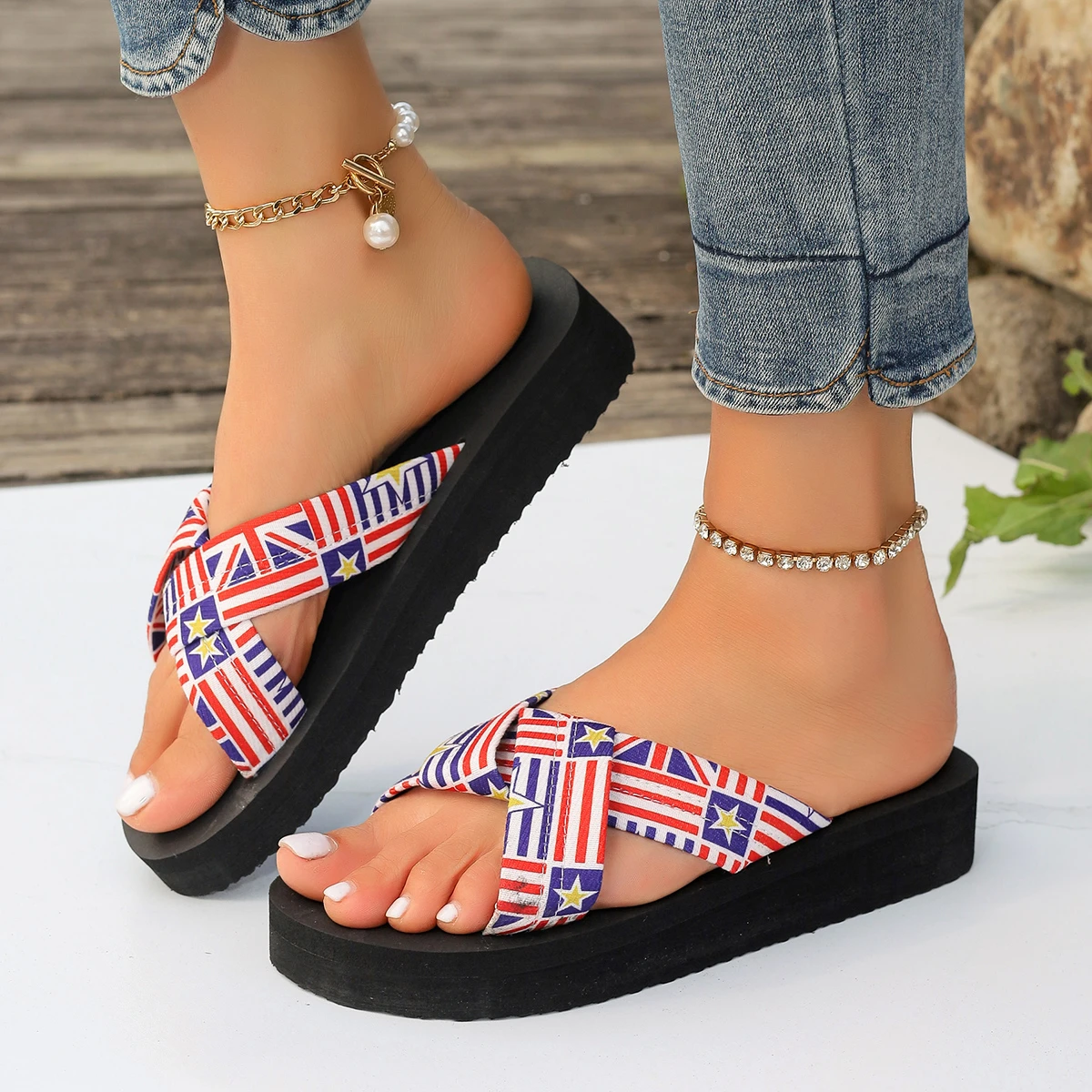 Women Print Flats Cross Strap Platform Casual Sandals Summer Open Toe Slipper Fashion Female Flip Flops Shoes Mujer Beach Slides