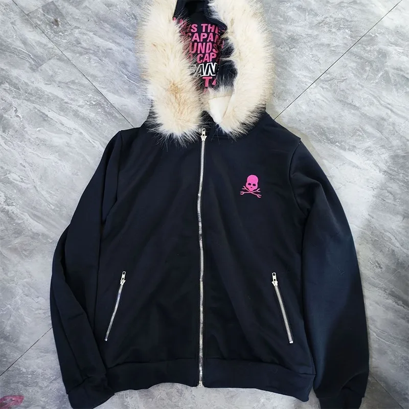 고스 하이 스트리트 Y2K 블랙 퍼 칼라 지퍼 스웨트셔츠 후디 여성 스웨트셔츠 하라주쿠 레터 프린트 슬림 코트 겨울 옷