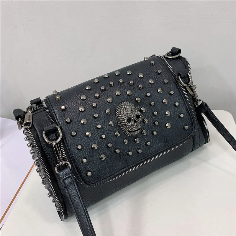 Punk Design Women Shoulder Bag High Quality Pu Leather Crossbody Bag Zipper woman Handbag Rivet Skull ladies Tote Purse black