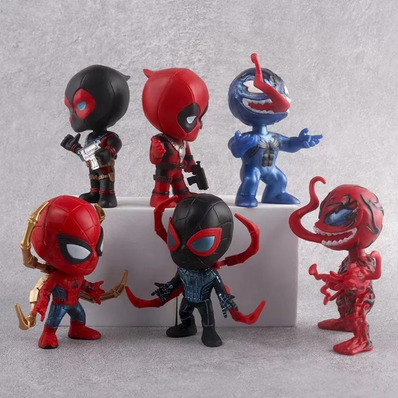 6pcs Marvel legend Avengers Q-version Anime Action Figure Toys Spider Man venom Deadpool Collection Model Gift for Children Boys