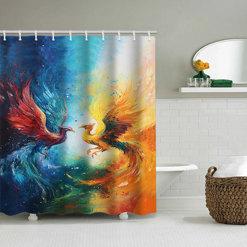 1/4 phoenix shower Curtains, Toilet Seat Decoration, Shower Curtain with Carpet and Toilet Lid, 12 70.8x70.8 inch Hooks
