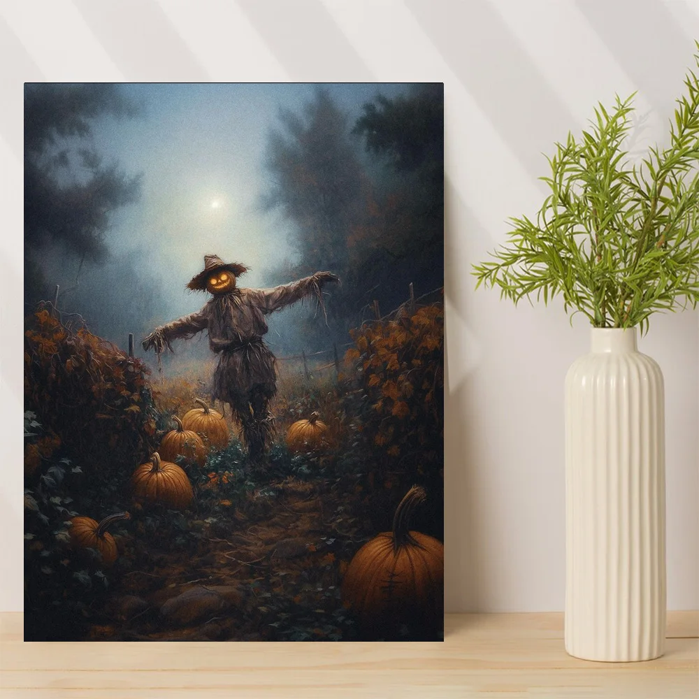 

1pc,Scary scarecrow with pumpkin head, canvas painting at home, Modern Canvas Wall Art, Holiday Gift, Frameless, 12x16inch