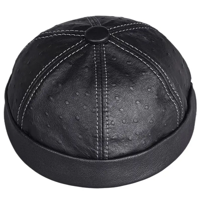 Retro Real Leather Small Dots Print Round Hat for women Male Hexagon Retro Caps Students Kpop Brimless Dome Beanies