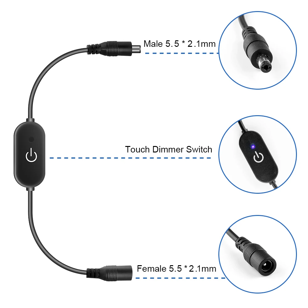 DC12V 5V 3A LED Tape Lights Touch Dimmer Switch Brightness Dimming Memory Function with DC Plug for 5050 SMD COB LED Strip