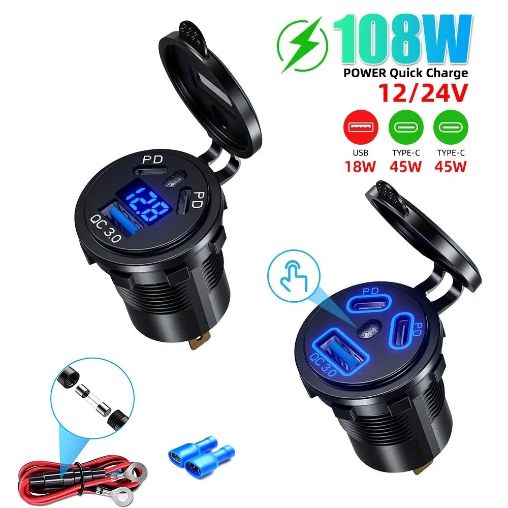 108W 3 Ports Car Charger Socket Dual 45W PD Type C & 18W QC 3.0 with Voltmeter Quick Charge 3.0 USB Charger for Car Motorcycle