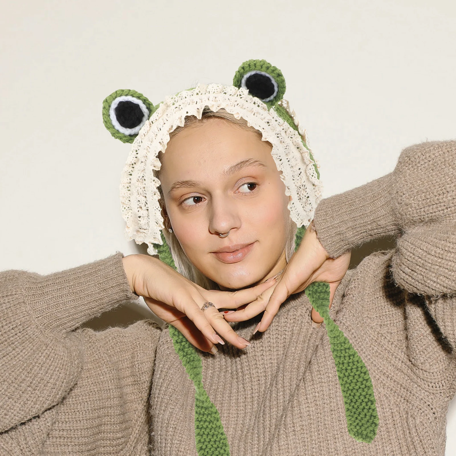 

Frog designed Cartoon Style Warm Ear Cover Cartoon Style Hat Winter Knitted Fashionable Winter Warm Versatile Comfortable