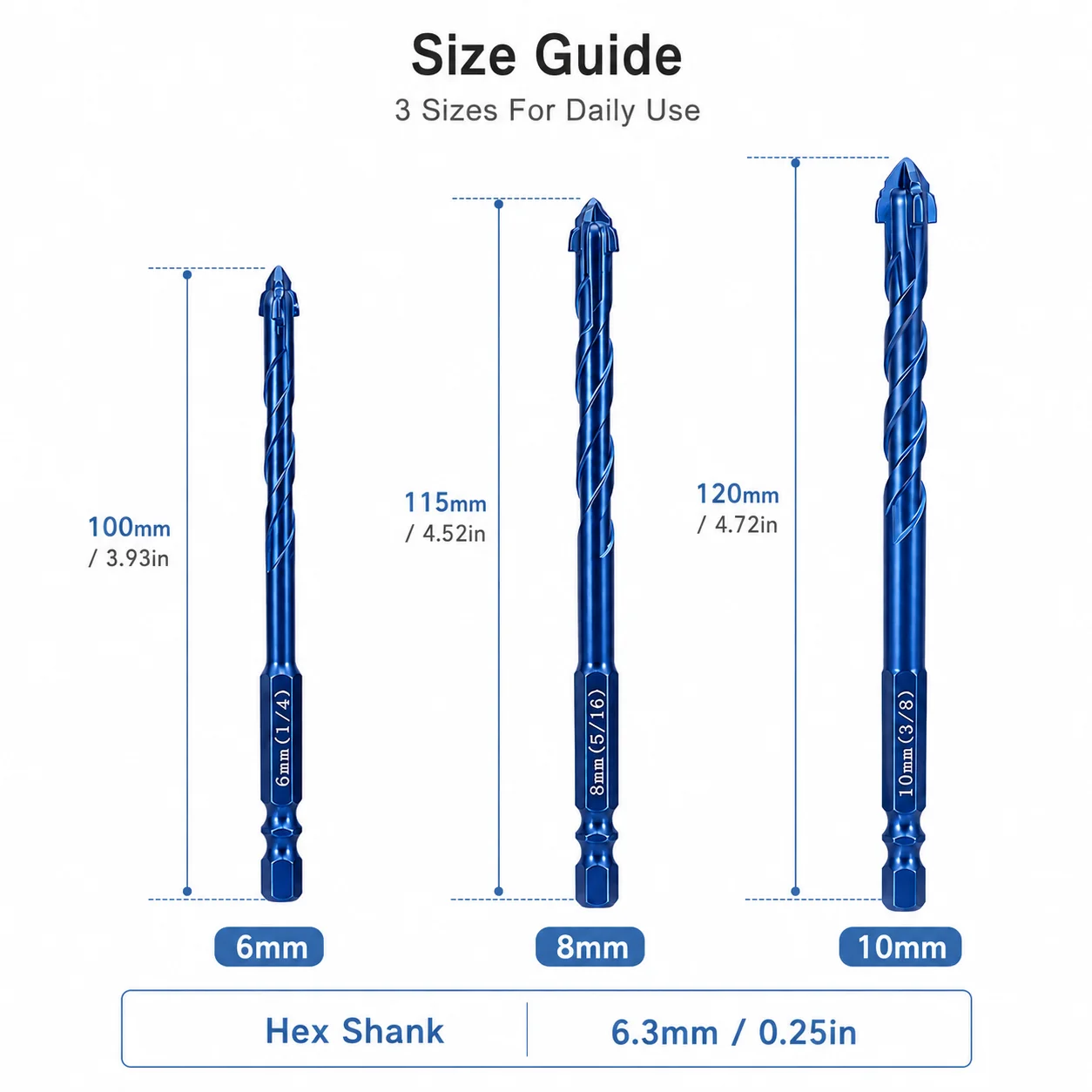 3Pcs Cross Spear Point Drill Bit Set Hex Shank 6/8/10mm Multi Material Drilling for Tile Wood Metal Stone