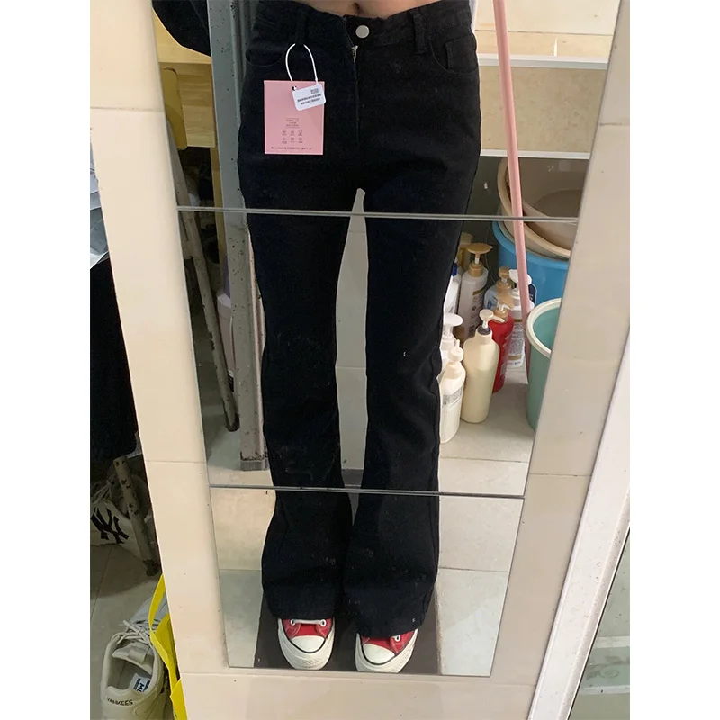 블랙 양털 안감 높은 허리 벨 바닥 청바지 여성 가을 ​​겨울 새로운 스타일 슬리밍 작은 크기 말 발굽 바지
