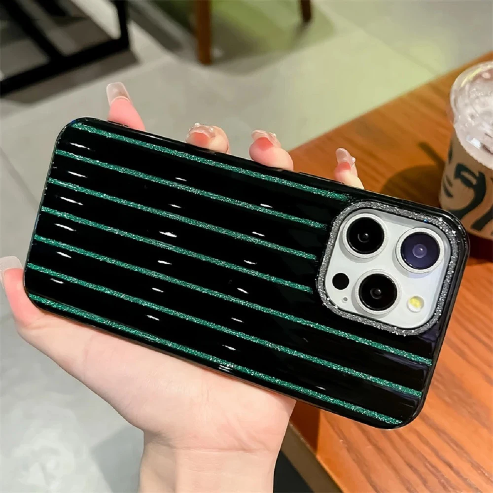 ファッションストライプ保護シェルキラキラ光るスマホケースシリコンケース耐衝撃iPhone 16 12 13 14 Plus 15 Pro Max対応