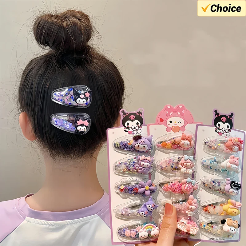 Sanrio Kuromi Girls Hairpin Kawaii Babies Hair Clip My Melody Cinnamoroll Princess Quicksand Babies Clips Girl Accessories
