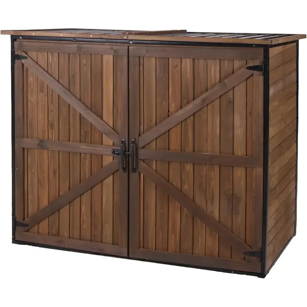 Durable Metal Outdoor Shed, Wooden Garden Storage with Adjustable Shelves, Weather-Resistant Trash Bin Shelter, Horizontal Stora