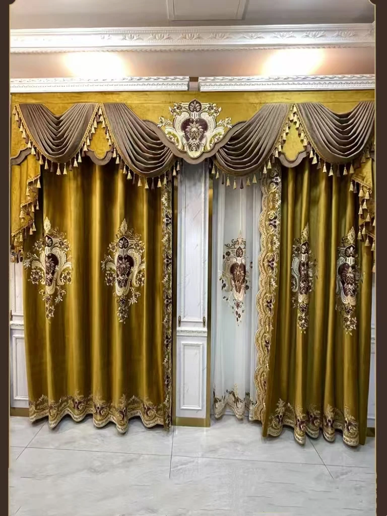

(10018) New custom luxury European curtains for living room retro palace French velvet gold velvet embroidery