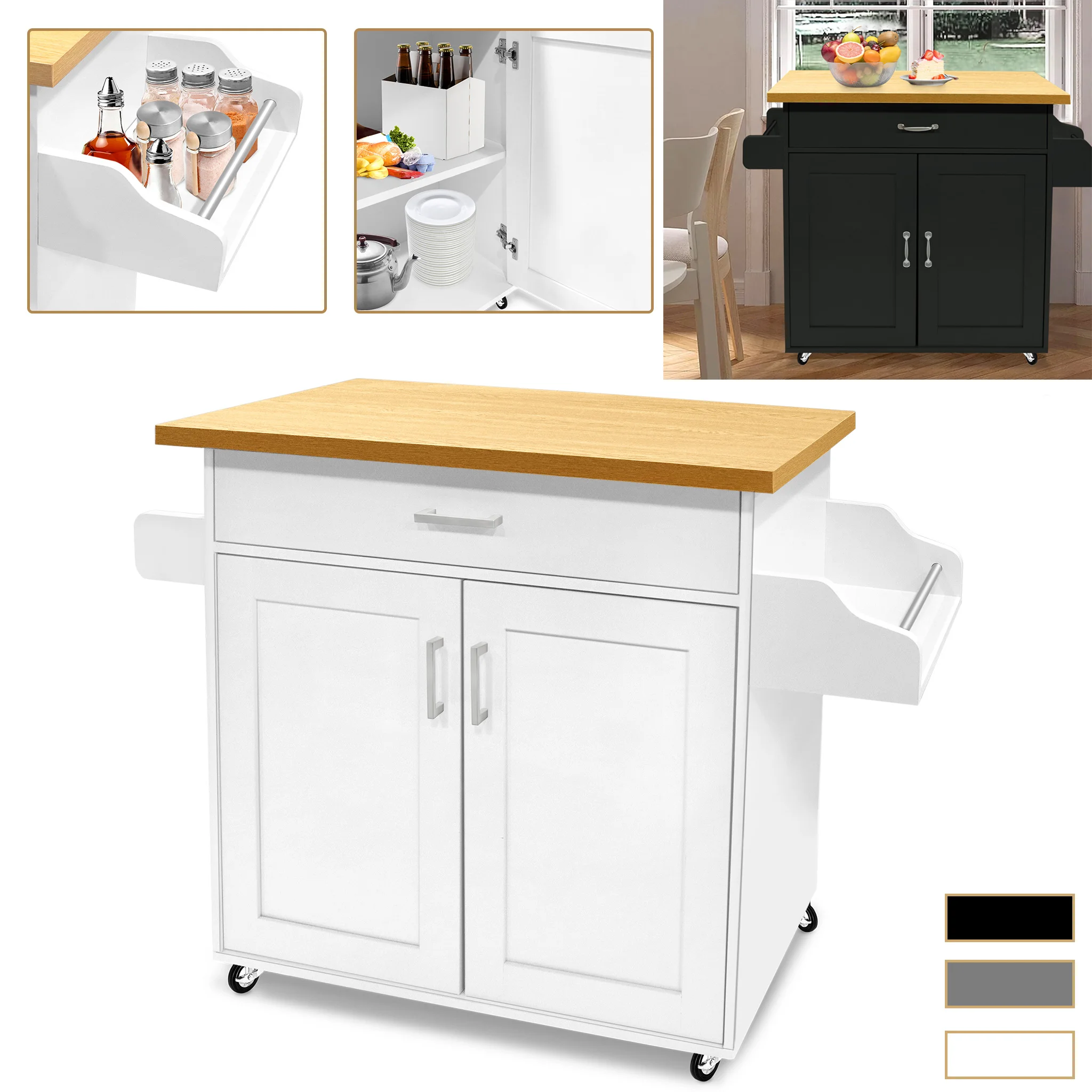 Chariot de cuisine mobile multifonctionnel avec armoire de rangement et tiroir, chariot de cuisine mobile avec rotation à 360° °   Chariot de service de cuisine robuste avec roues verrouillables, étagère à épices et porte-serviettes, pour salle à manger à domicile