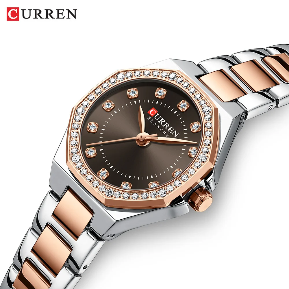 Curren 9100 Quartz Watch For Women Fashion Leisure Diamond Simple Brown Silvery Steel Strip Wristwatch for Ladies Gift Clock