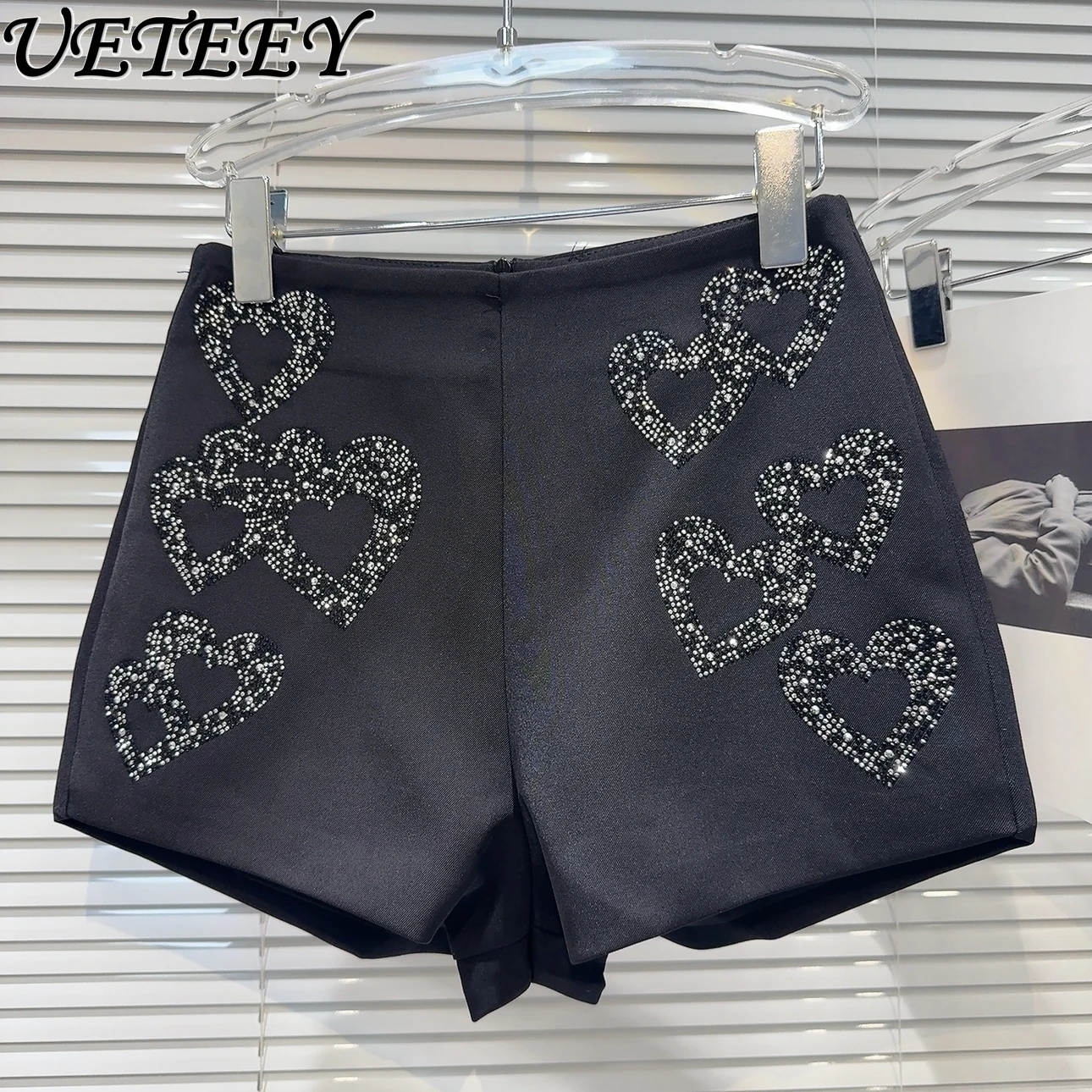 

2024 Summer New Heart Shape Rhinestone Gradient Girl Slim Short Shorts Women High Waist Casual Shorts Pantalones Cortos De Mujer