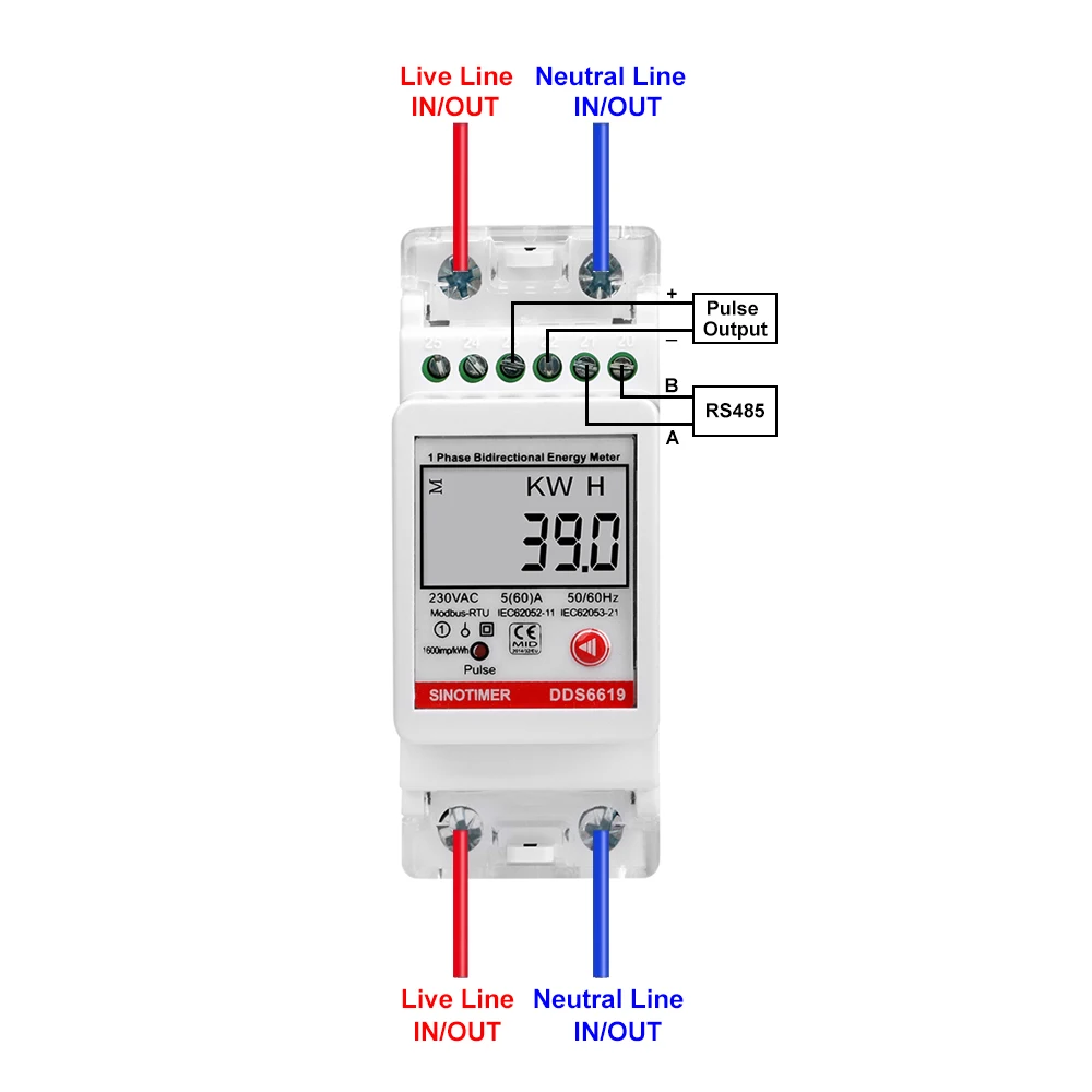 DIN-Rail Multifunction Single-Phase Digital Energy Voltage Current Meter 2P with RS485 Modbus Electric Wattmeter Metering AC230V