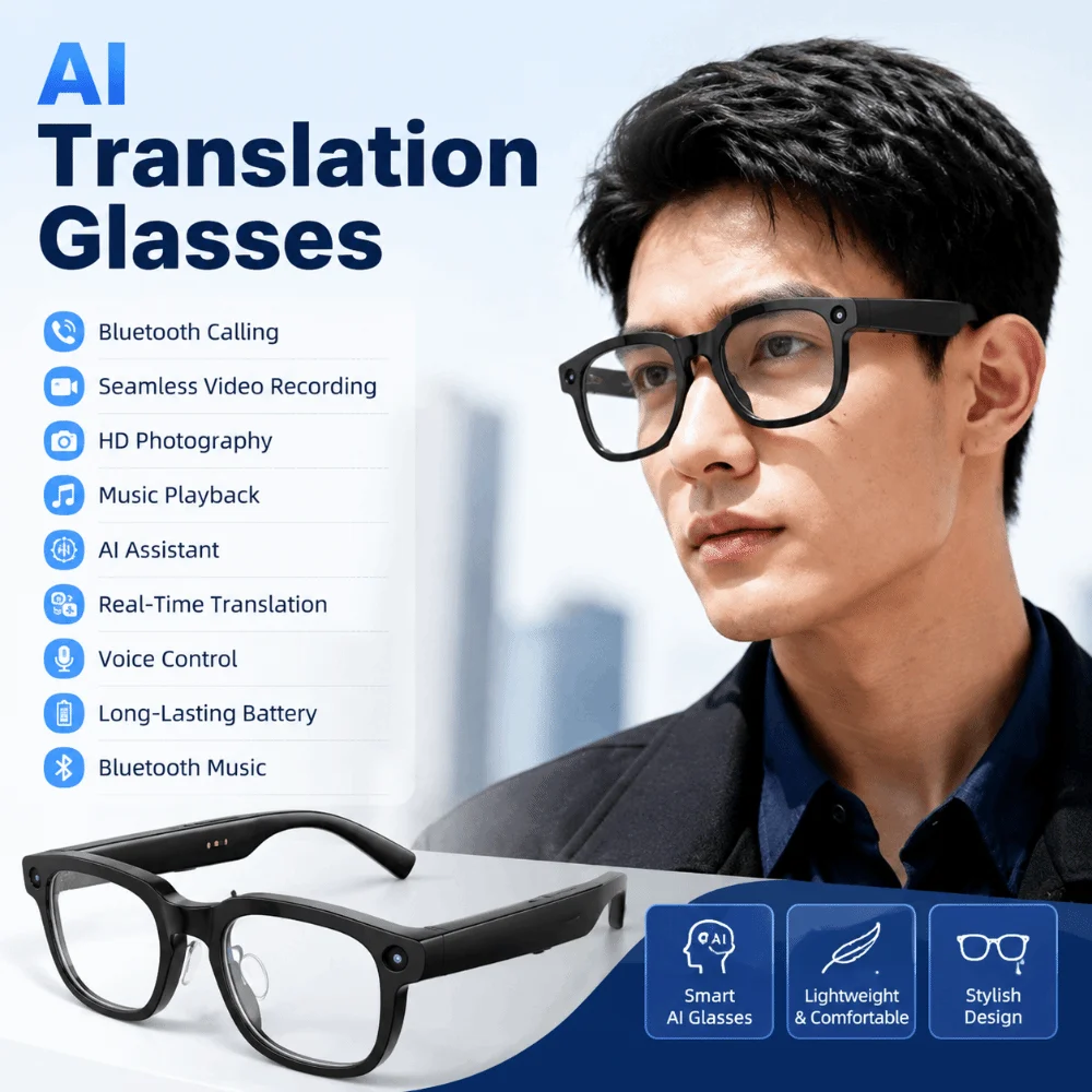 Real-time Translation AI Smart Glasses Anti-Blue Light 1080P Video Recording Smart Video Glasses Waterproof Wearable Tech