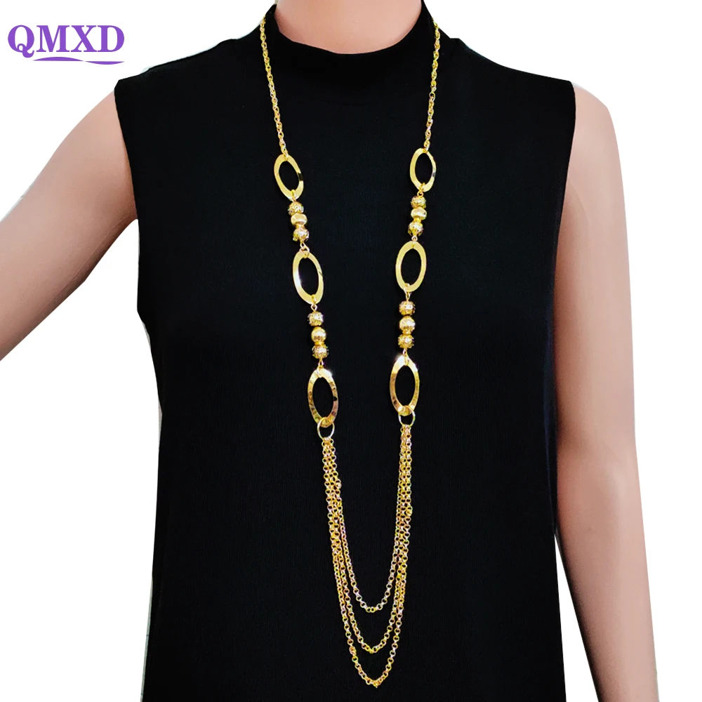 

Fashion Jewelry Gold Color Long Chain Metal Pendant Necklaces African Nigerian Jewelry Set Accessories