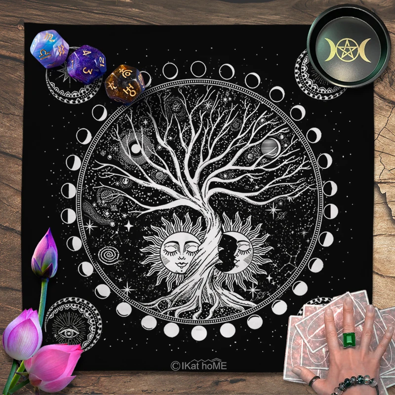 Black White Tree Of Life Tarot Tablecloth Yin Yang Tai Chi Altar Cloth Sun Moon Star Board Witchcraft Astrology Oracle Card Pads