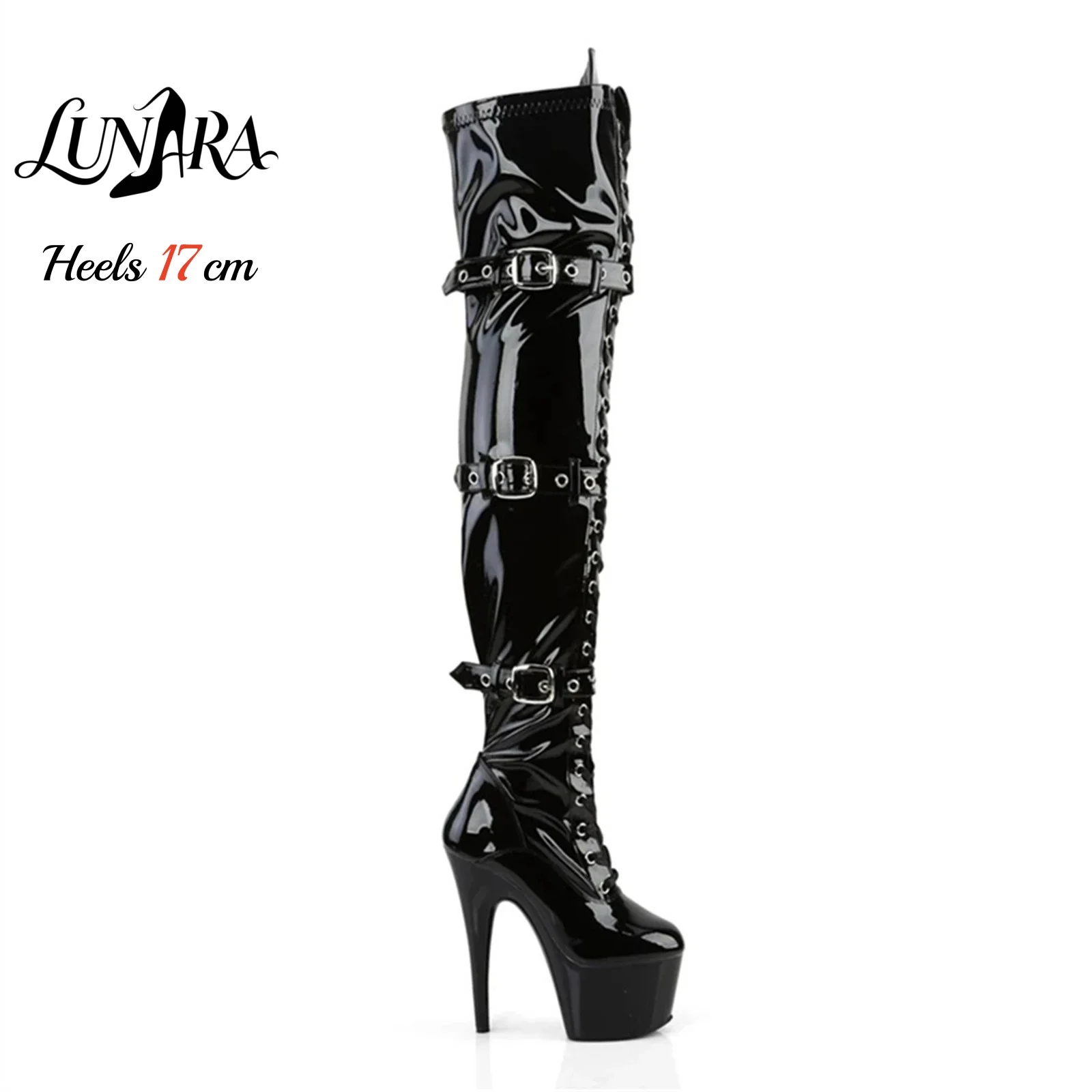 17cm/7Inch Black Patent Platform High Heel Thigh High Boots Lace-Up Buckle Zipper Non-slip Gothic Performance Pole Dance Ladies