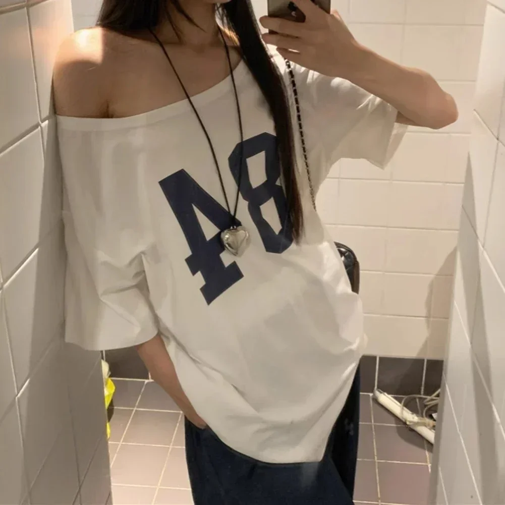 

Women Vintage Number Print T Shirt Summer Off Shoulder Casual Short Sleeve for Daily Wear and Holiday Occasions