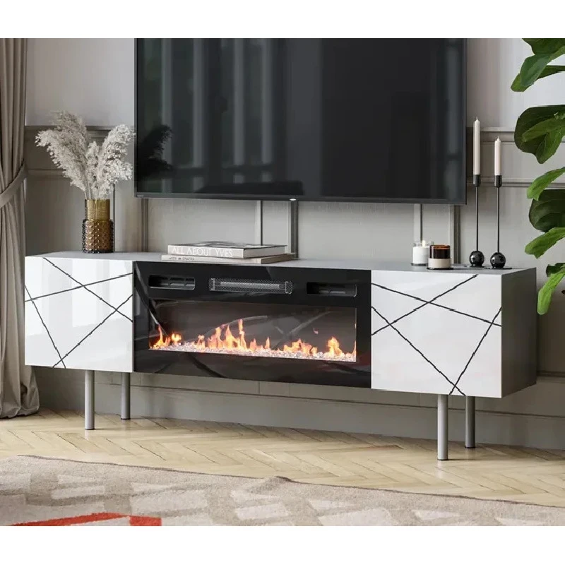 Modern Fireplace TV Stand – Built-in Flame Effect, Ample Storage Space, Enhances Living Room Ambiance & Comfort