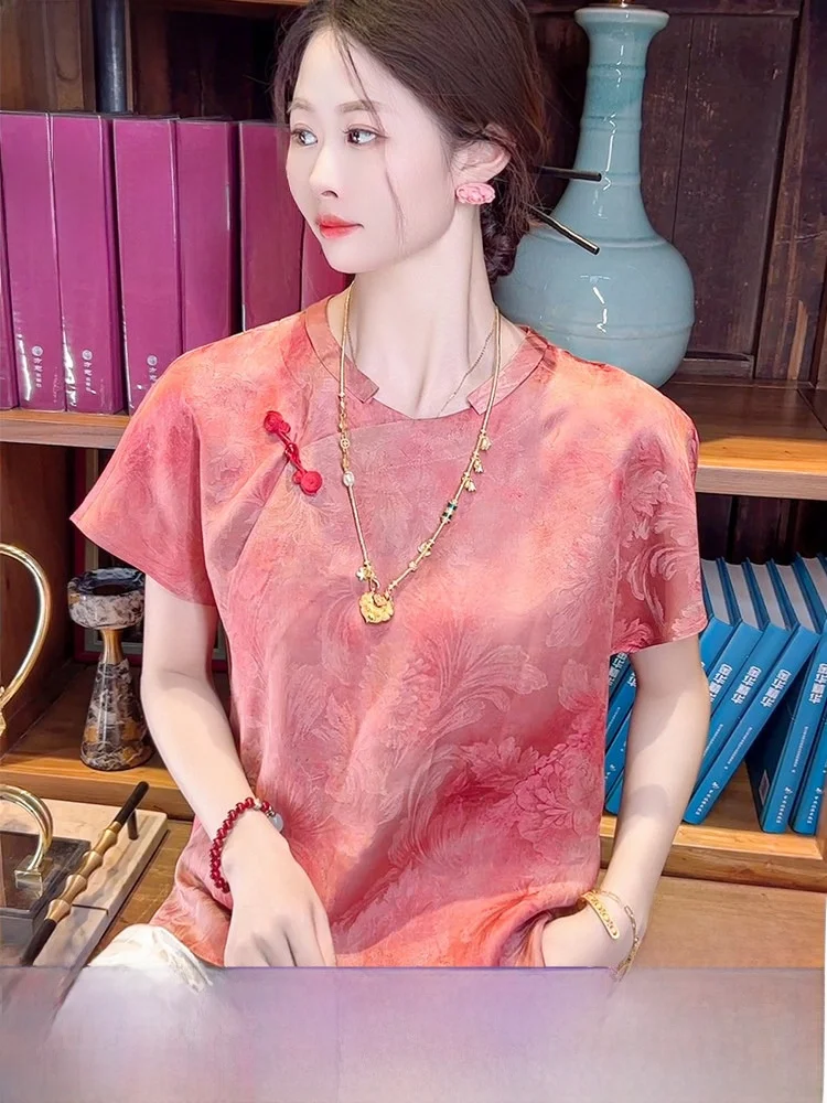 

Новый китайский шелковый топ для женщин, белый, с коротким рукавом, летний, тонкий, охлаждающий, свободного кроя, с круглым вырезом, с принтом.