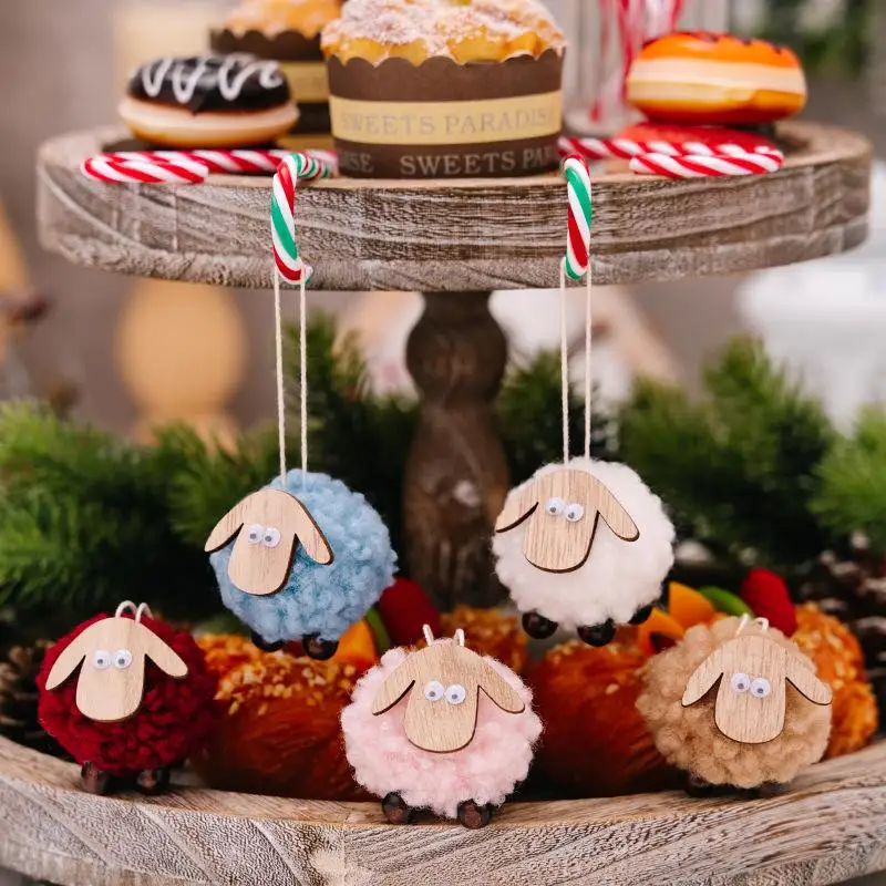 1 Stück kleines Schaf-Ornament, Weihnachtsbaumschmuck, Wolltier-Anhänger, handgefertigtes Holz-Accessoire für Zuhause, Weihnachten – Detail 1