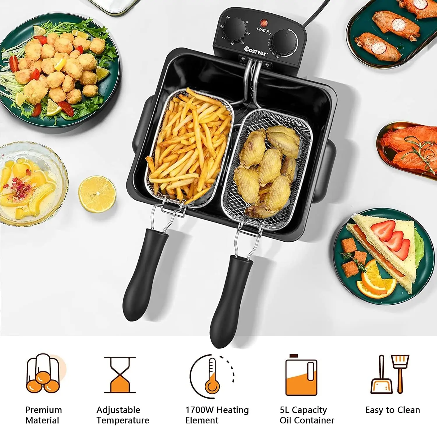 Electric Deep Fryer with 3 Baskets, 5L Stainless Steel Deep Fryer w/60 timer & Lid with view window, Home Countertop