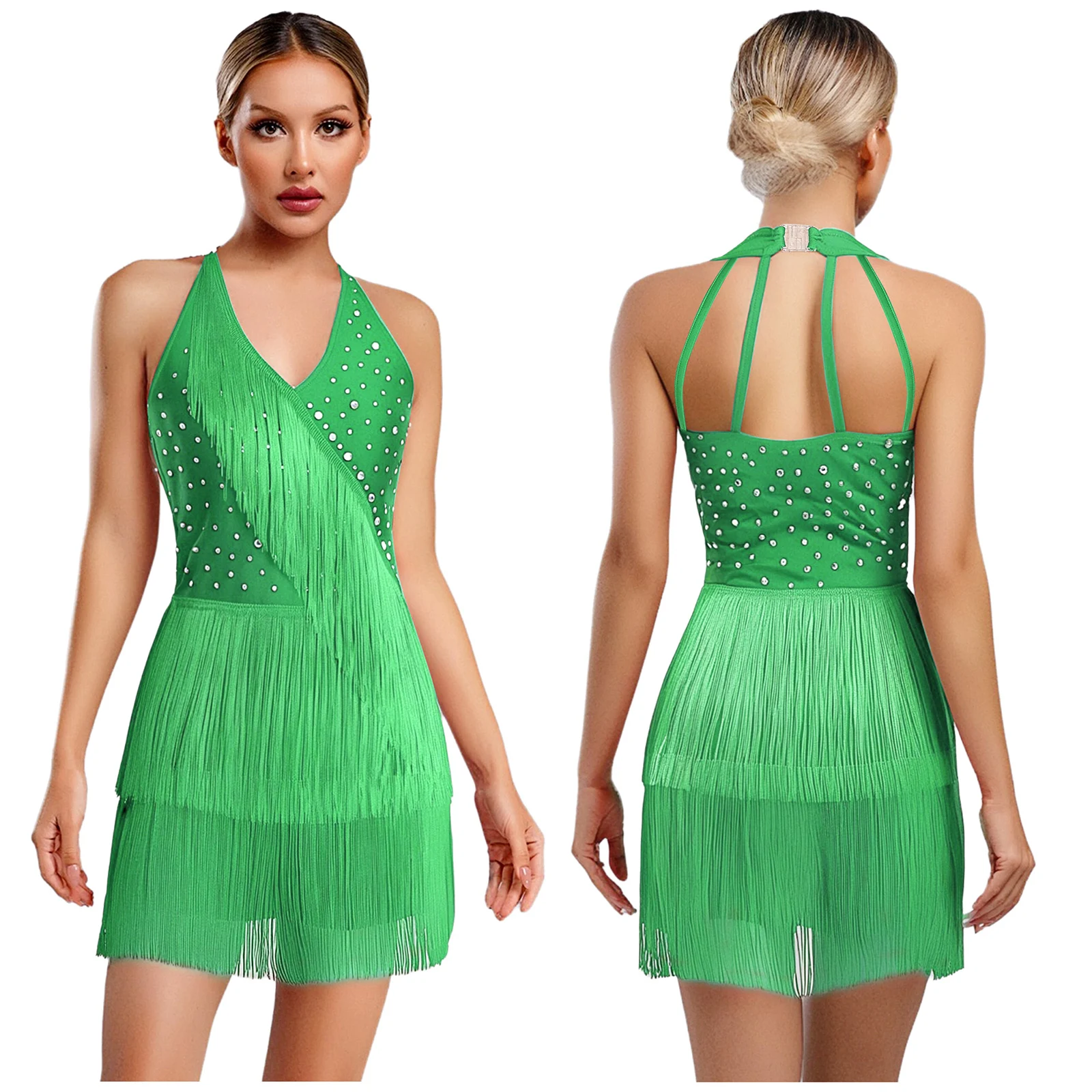 

Women Latin Leotard Dress Dance Fringe Bodysuit Skirted Tango Salsa Jazz Costume Sleeveless Rhinestones Tassel Jumpsuit Dress