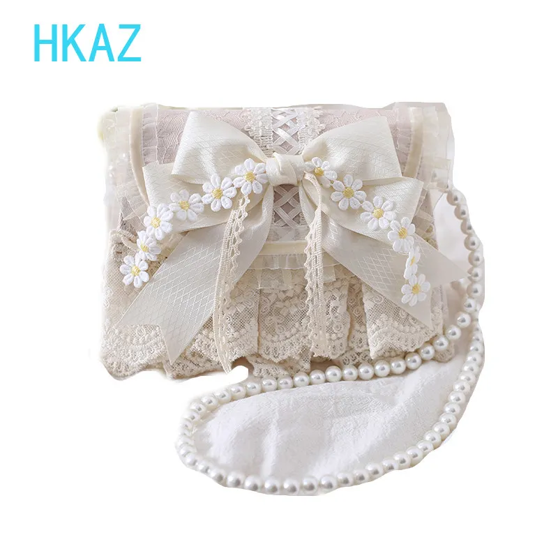 Original Lolita Sweet Cute Girl Handbag Elegant Pearl Chain Bow Cosmetic Bag Lace Chain Solid Color Versatile Messenger Bags 5