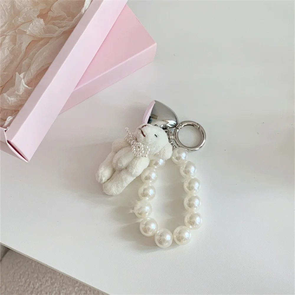 Korean Cute Fluffy Plush Bear Pearl Bowknot Pendant Keychain For Car Keys iPhone Accessories Trendy Heart Keyring Women Handbag