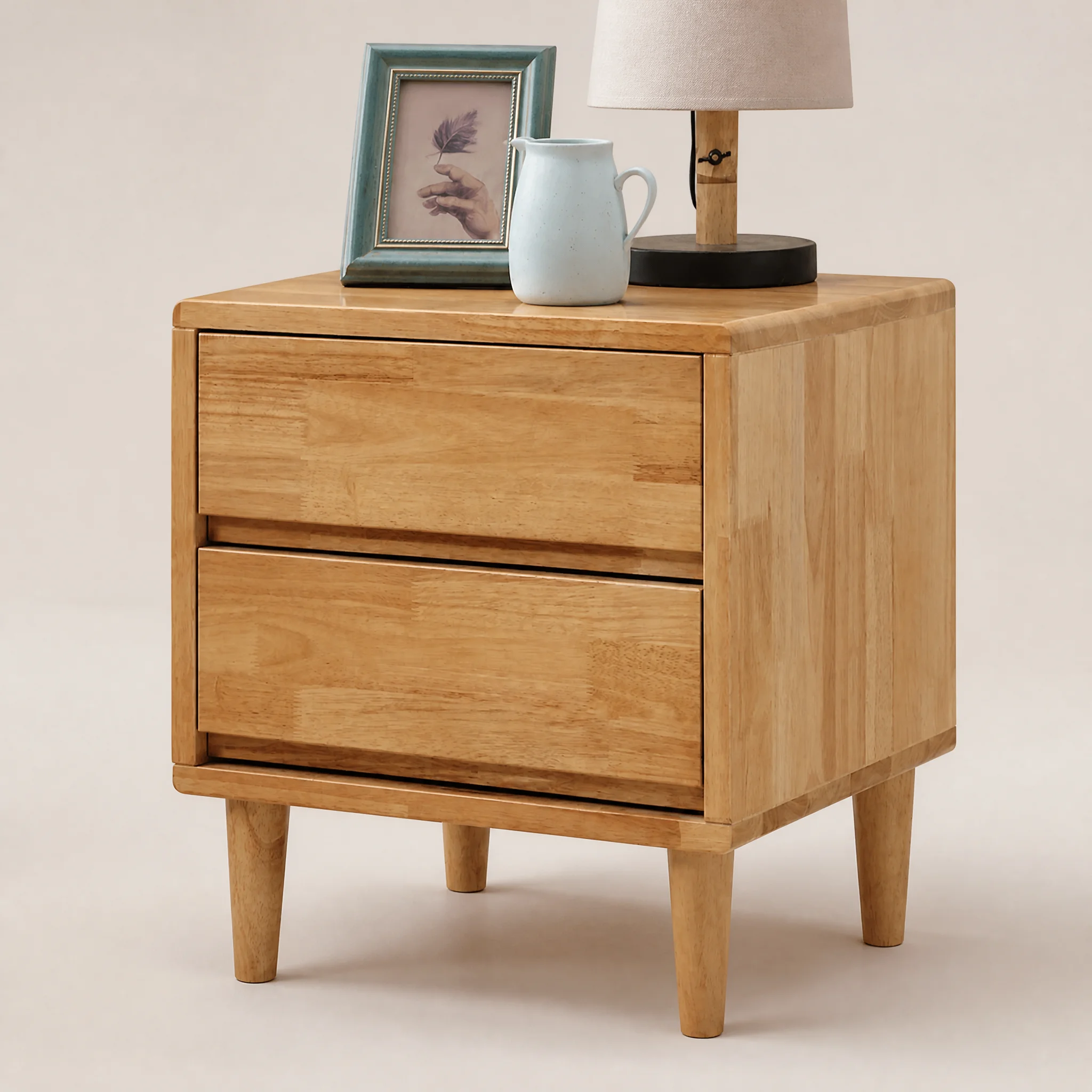 2026 Nordic Solid Rubber Wood Nightstand 2 Drawers Modern Minimalist Apartment Bedroom Furniture Eco-Friendly High Quality