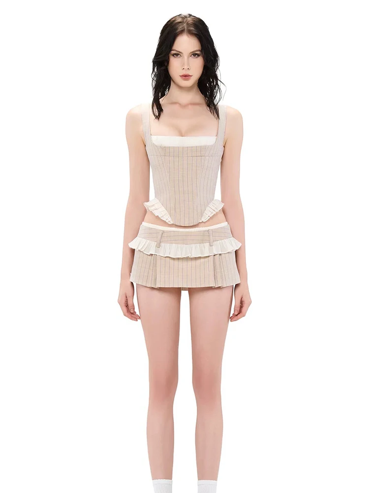

Sweet And Spicy Stripe Halter Top And Short Skirt Set Women's Fashion Spring Summer Two-Piece Set with Lace Trim Sleeveless Vest