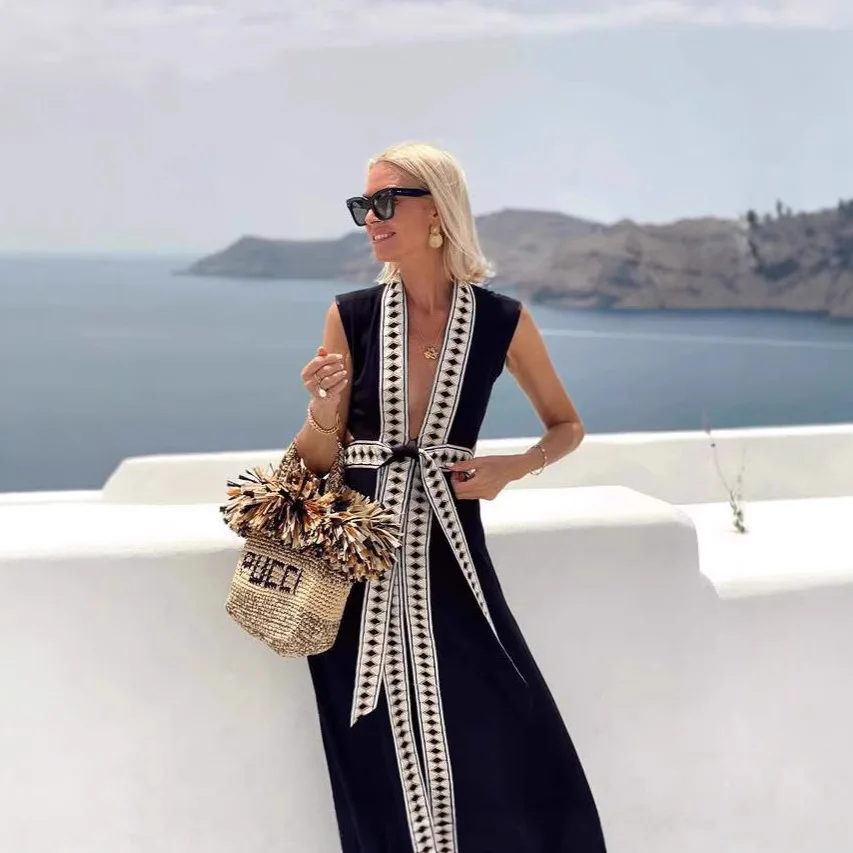 

Patchwork Print Sleeveless Long Dresses Women Sexy Deep V-neck Backless Leace-up Slit Dress Summer Beach Vacation Style Vestidos