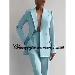 High Quality Women's Blazer Sets Elegant Solid Color Double Breasted Peak Lapel Slim Fit 2 Piece Jacket Pants Office Lady Outfit