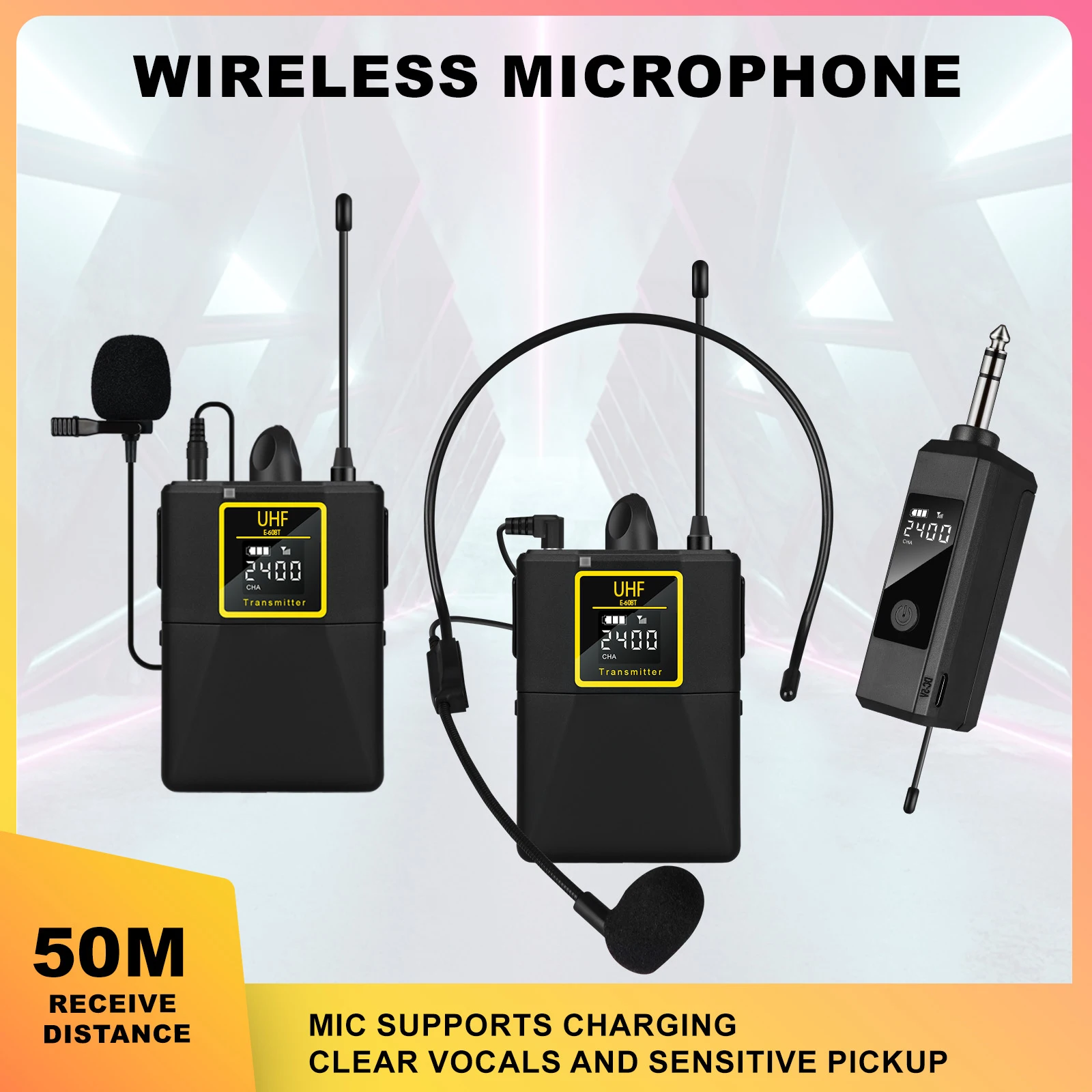 Microfone de fone de ouvido sem fio 2.4G com receptor transmissor de mochila com display digital para ensino de performance ao vivo
