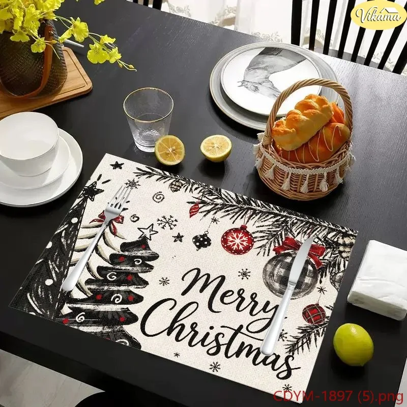 VIKAMA Christmas Placemats, Black Vintage Santa Sleigh Snowman Merry Christmas Print, Washable Winter Holiday Dining Mat