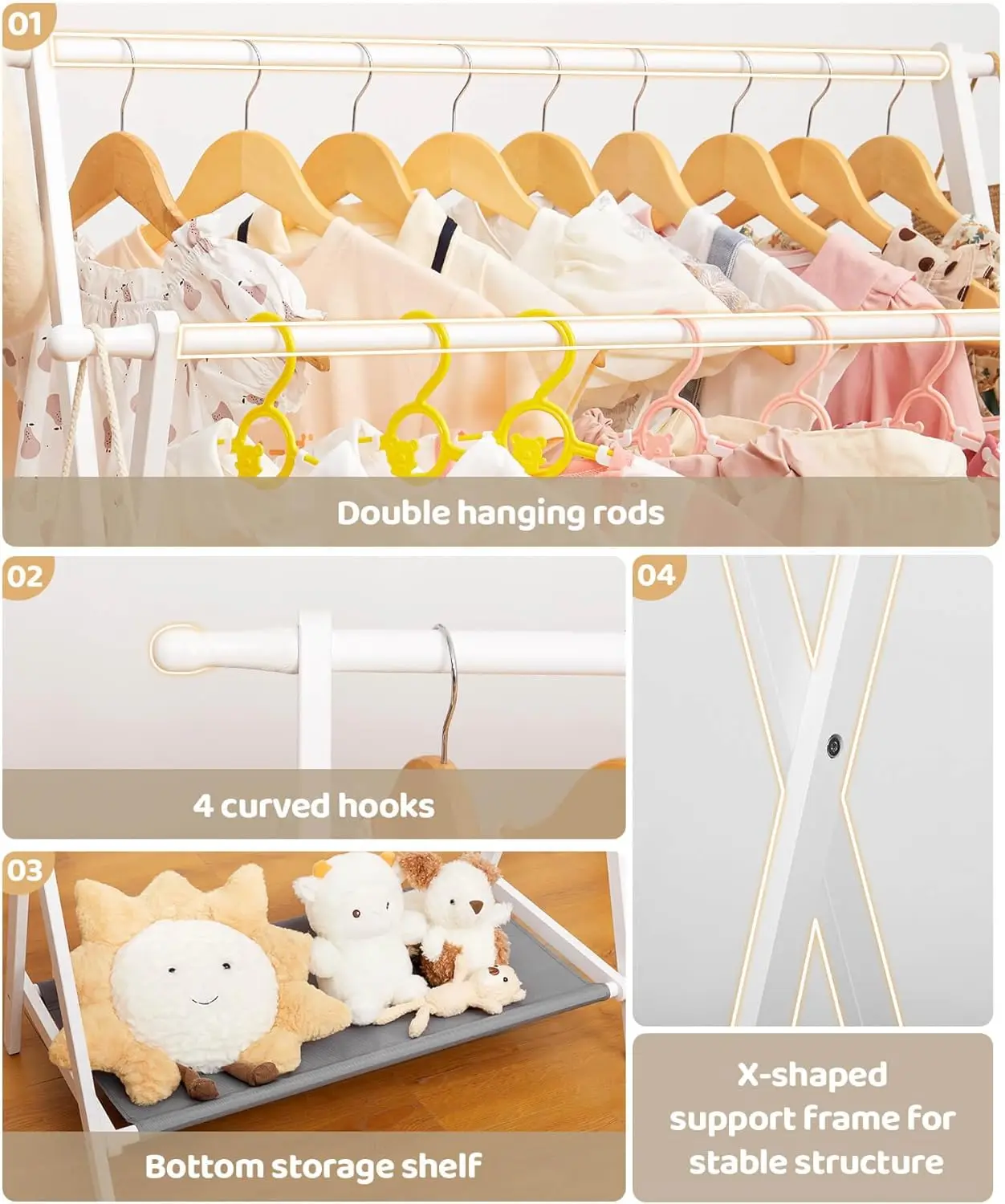 Appendiabiti per bambini con 2 aste per appendere, 4 ganci, ripiano portaoggetti - Supporto pieghevole in bambù