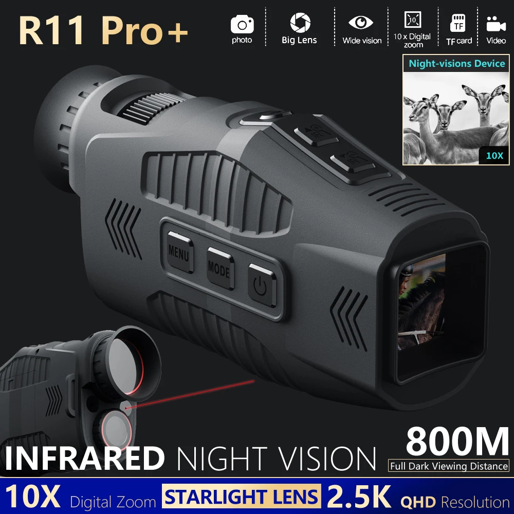 

Охотничий прицел ночного видения R11Pro+, недавно модернизированный — монокуляр звездного света 2,5 карата, 10-кратный зум, ИК-подсветка 800 м для рыбалки и безопасности