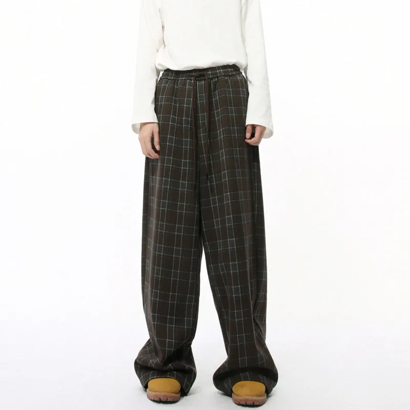 SYUHGFA 2025 Spring Simple Men's Sweatpants Casual Drwstring Wide Leg Plaid Bottom Elastic Waist Loose Straight Male Trousers