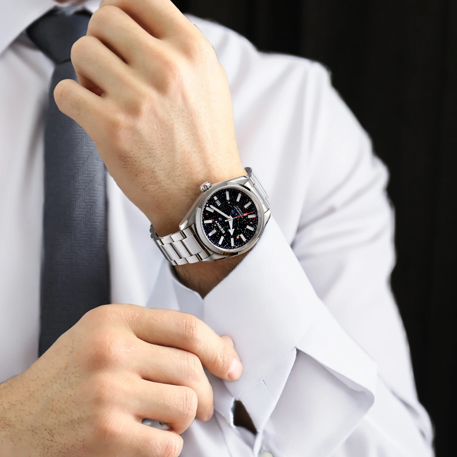BERNY 20ATM Automatic Men Watch Sapphire AR Calendar Arrow Hands Supper Luminous Swimming Colorful Starry Sky Dial Men Watches